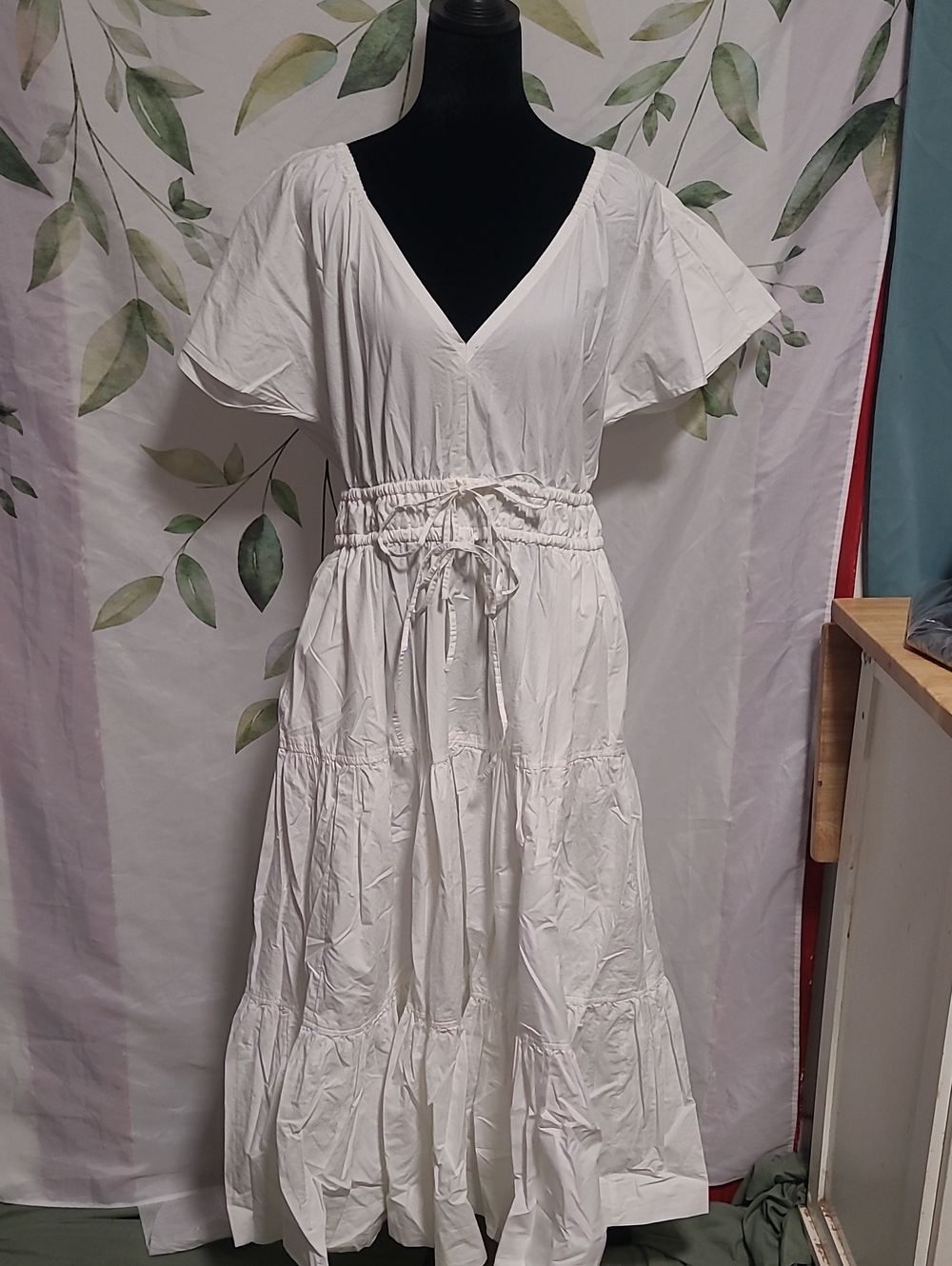White V-Neck Tiered Maxi Dress with Drawstring Waist